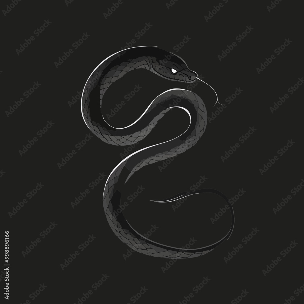Obraz premium Stylized illustration of a snake on a black background, showcasing artistic creativity and wildlife representation in a modern design.