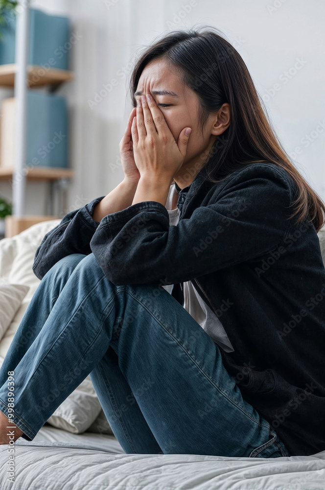 Crying woman is sitting on a couch with her eyes closed and her hands on her face