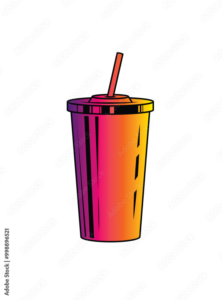 Fast food plastic cup with straw. Hot or cold drink. Original vector illustration in vintage style.