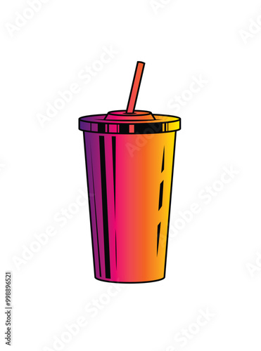 Fast food plastic cup with straw. Hot or cold drink. Original vector illustration in vintage style.
