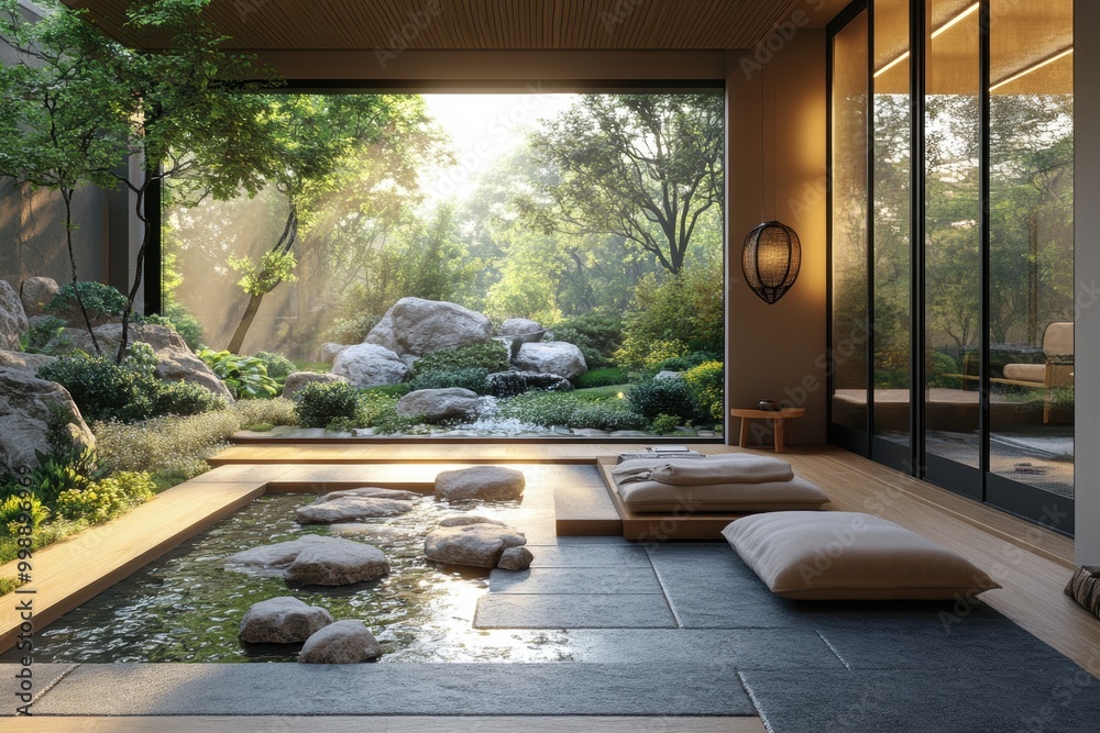 zen meditation space, tranquil meditation area with a zen garden, water element, and comfortable seating, creating a serene and mindful interior ambiance zen meditation space, tranquil meditation area with a zen garden, water element, and comfortable seating, creating a serene and mindful interior ambiance
