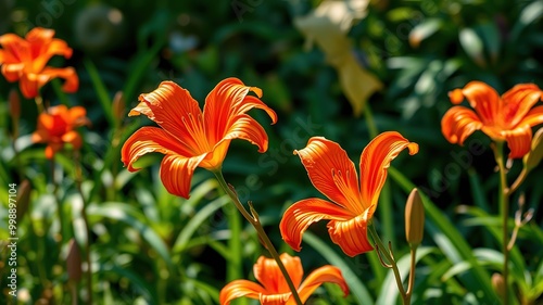 Vibrant orange-red Asiatic lily's cup-shaped blooms with recurved petals and golden anthers surround slender stems on a verdant background amidst garden foliage and soft sunlight.