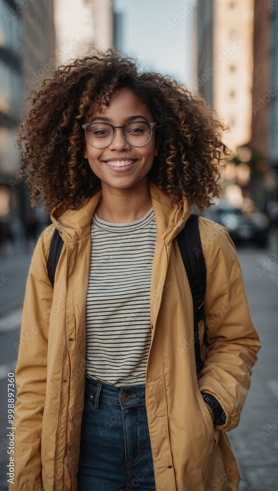 Smiling young woman in yellow jacket on city street Smiling young woman in yellow jacket on city street
