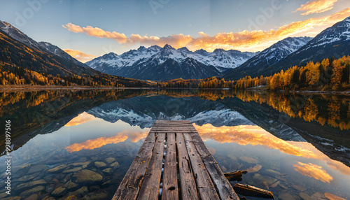 Ponton au Coucher du Soleil avec Réflexion Montagneuse