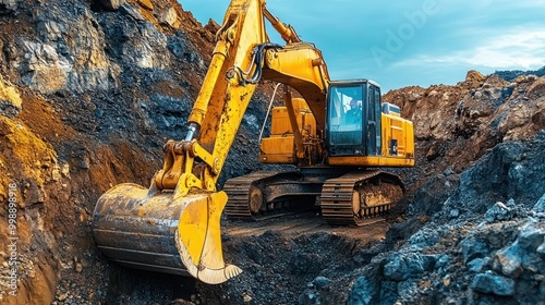 industrial hydraulic excavator on construction, Excavator with hydraulic hammer breaking rocks at a construction site . photo