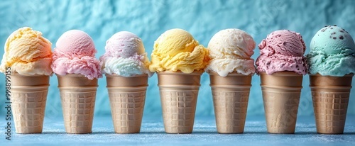 colorful ice cream cone set against a bright skyblue backdrop showcasing a variety of flavors in an inviting and delightful presentation perfect for summertime enjoyment photo