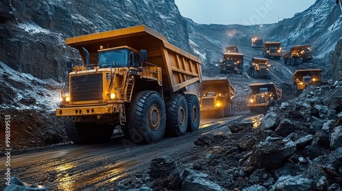 Dump truck fleet in a stone and rock transport mine, A fleet of heavy-duty trucks operates in a mining site.