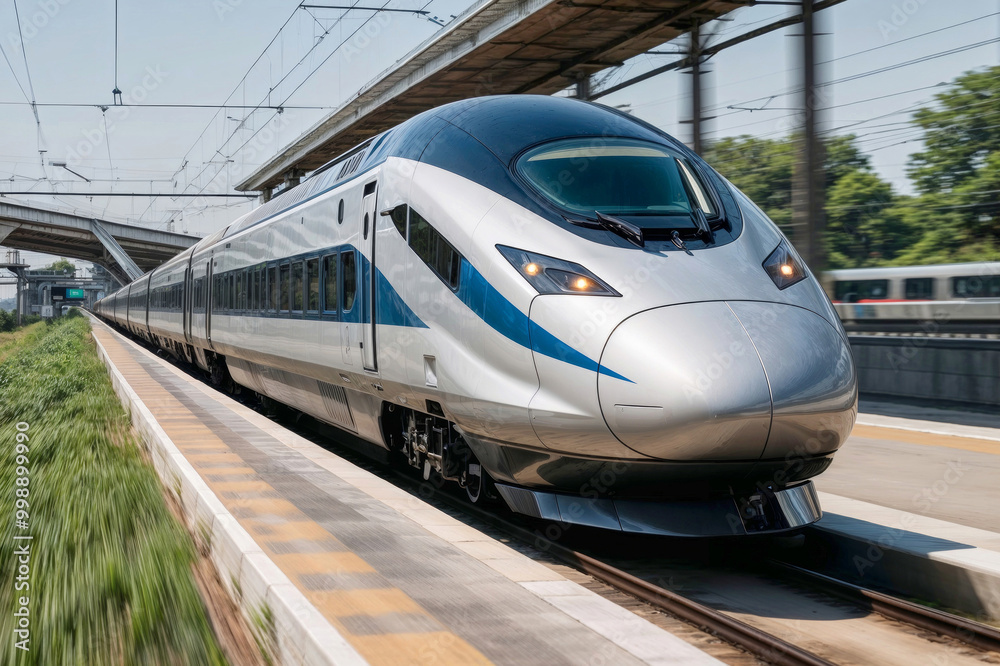 Fototapeta premium High-speed silver train in motion. High-speed train with motion blur background