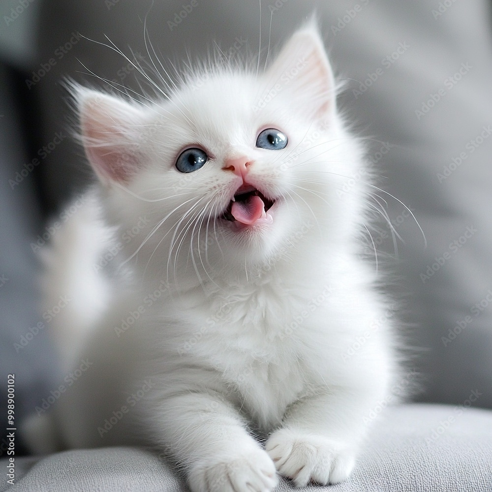 A white kitten sitting atop a couch with its mouth open and tongue out A white kitten sitting atop a couch with its mouth open and tongue out
