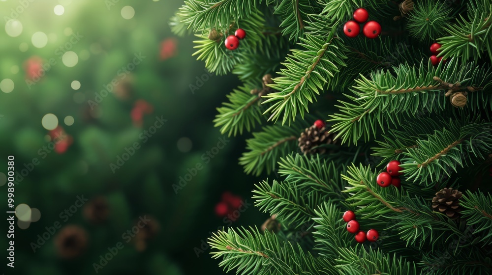 Christmas Tree Branches with Red Berries and Pine Cones Christmas Tree Branches with Red Berries and Pine Cones