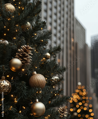 Background Winter city view, close-up, blurred background, aesthetic Christmas photo