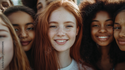 A close-up of a group of diverse girls smiling, their faces illuminated by natural light, celebrating unity, strength and the importance of equal opportunities for all girls.