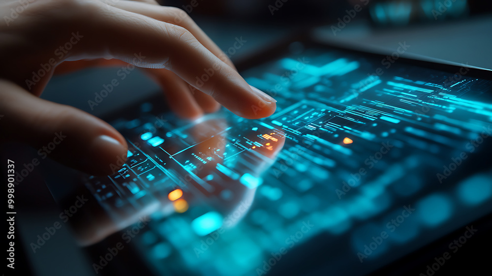 A hand is shown using a new generation ultra-thin computer keyboard with backlit keys, and digital interfaces demonstrating innovations in computer hardware are shown on a transparent display.