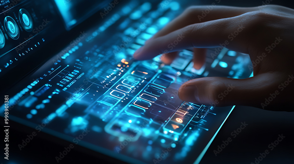 A hand is shown using a new generation ultra-thin computer keyboard with backlit keys, and digital interfaces demonstrating innovations in computer hardware are shown on a transparent display. A hand is shown using a new generation ultra-thin computer keyboard with backlit keys, and digital interfaces demonstrating innovations in computer hardware are shown on a transparent display.