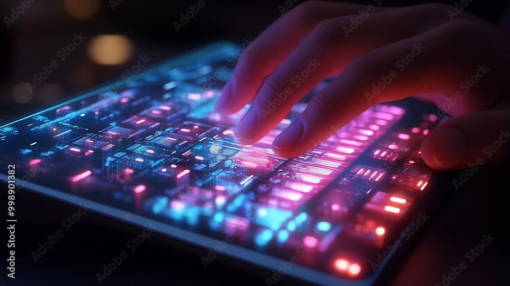 A hand is shown using a new generation ultra-thin computer keyboard with backlit keys, and digital interfaces demonstrating innovations in computer hardware are shown on a transparent display. A hand is shown using a new generation ultra-thin computer keyboard with backlit keys, and digital interfaces demonstrating innovations in computer hardware are shown on a transparent display.