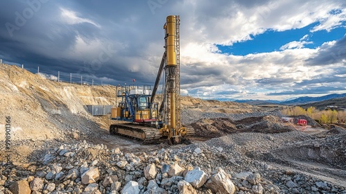 Professional drilling rig doing a geotechnical study of the terrain, Drillers doing drilling oil process with dirty work outfit.