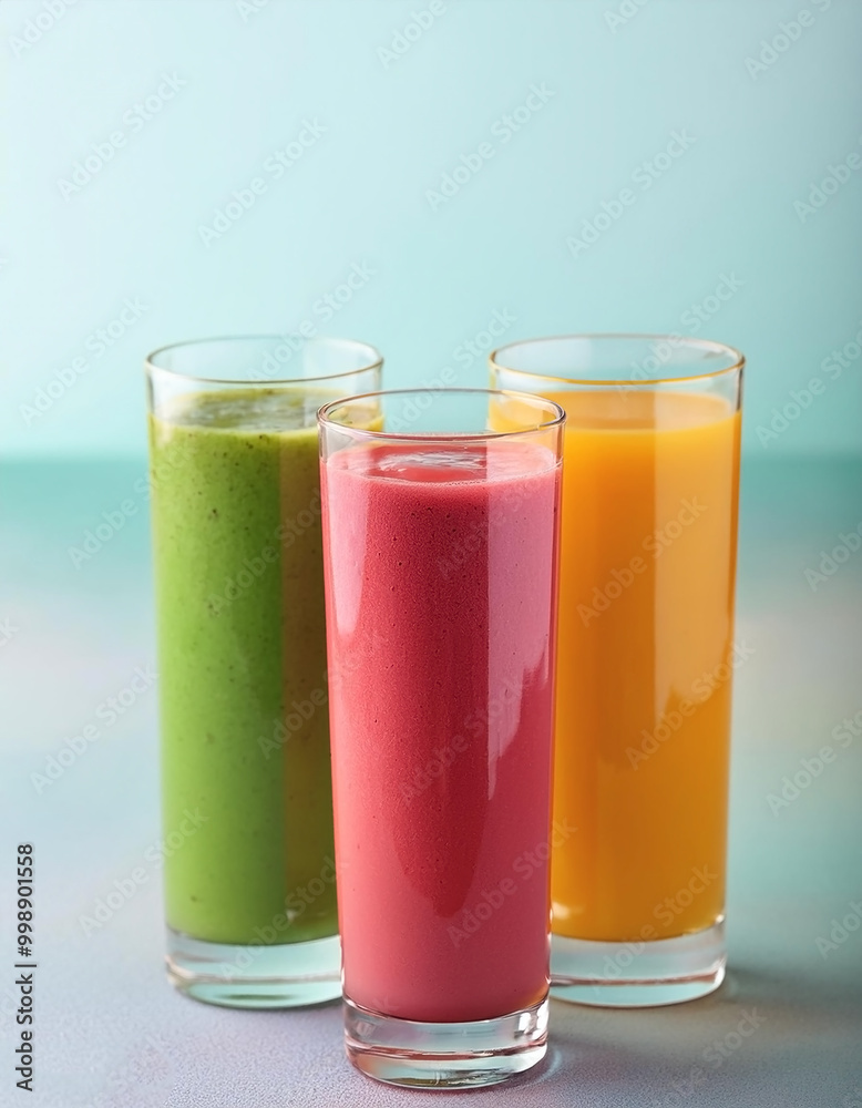 Colorful smoothie drinks in tall glasses on pastel background Colorful smoothie drinks in tall glasses on pastel background