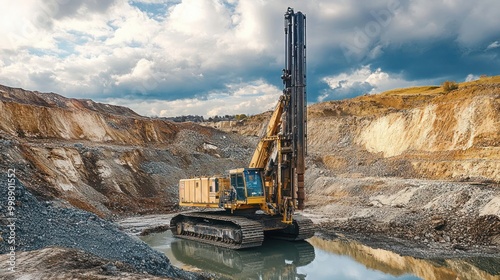 Professional drilling rig doing a geotechnical study of the terrain, Drillers doing drilling oil process with dirty work outfit.