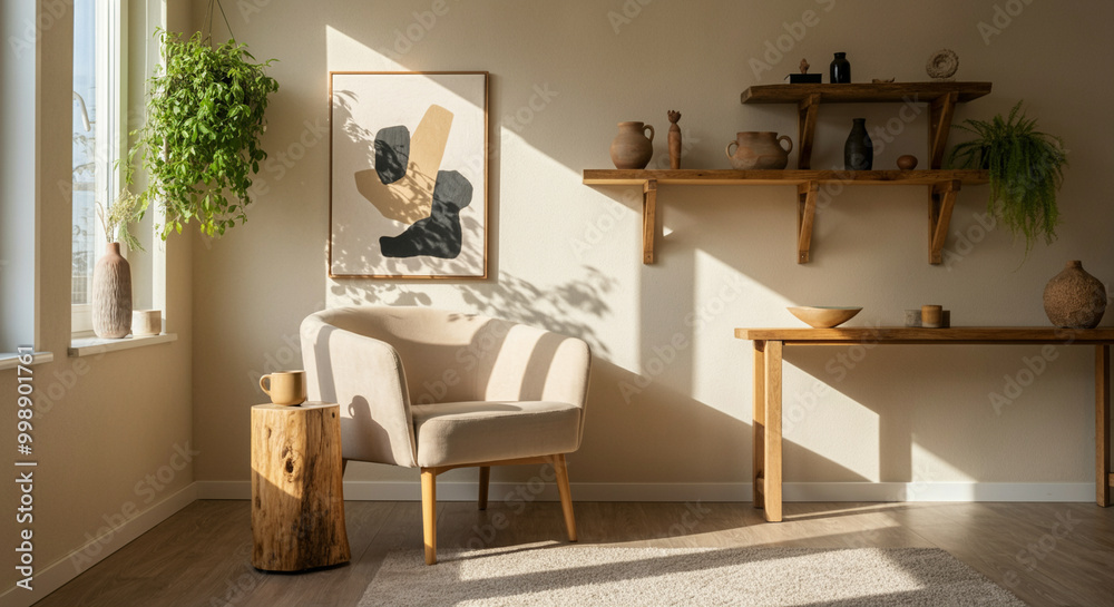 Fototapeta premium Armchair in modern living room with stylish interior design and natural light