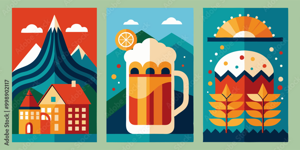 Fototapeta premium Oktoberfest beer festival with abstract mountain and nature posters - design for event decor