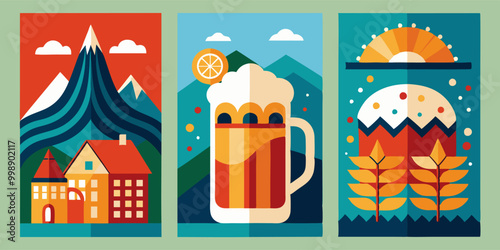 Oktoberfest beer festival with abstract mountain and nature posters - design for event decor