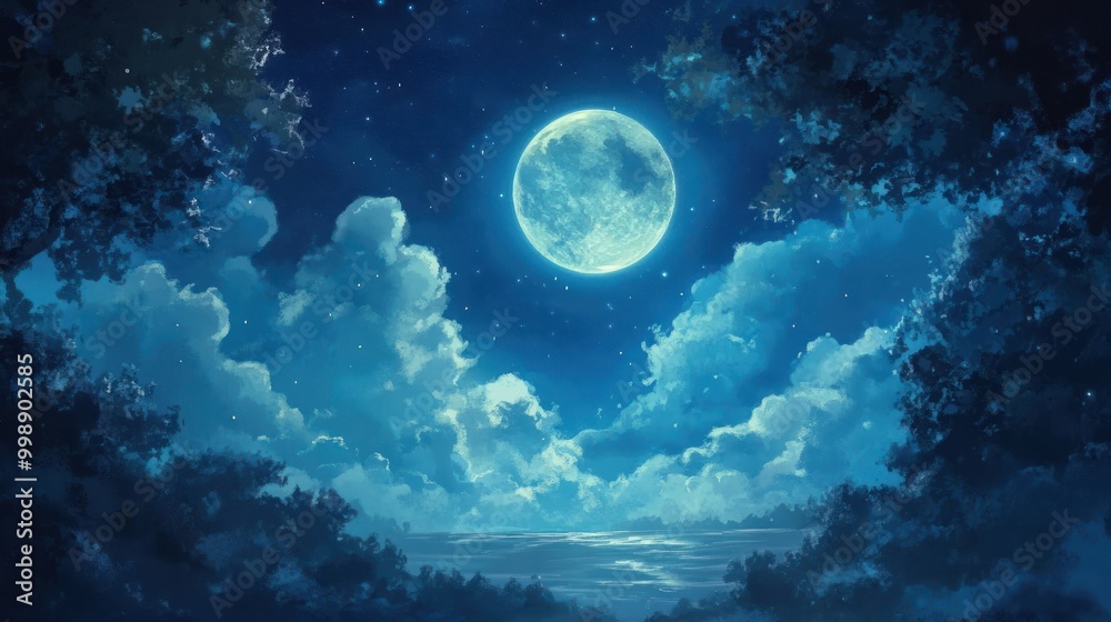 Nighttime Landscape with Full Moon, Stars, and Clouds Nighttime Landscape with Full Moon, Stars, and Clouds