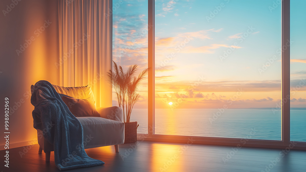 A cozy living room with a large window overlooking a calm ocean at sunrise, with soft, warm light filling the room, and a comfy armchair and blanket creating a serene atmosphere.