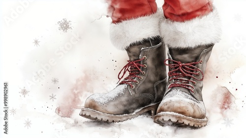 Winter boots with red laces in a snowy background, festive and cozy atmosphere