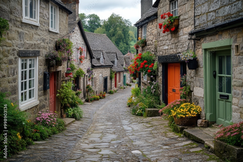 Fototapeta premium english village charm, capturing the essence of rural england with stone houses, colorful doors, and hanging flower baskets on a charming village street
