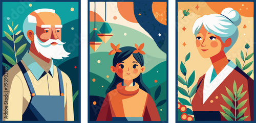 National grandparents day poster collection with family illustrations for celebration