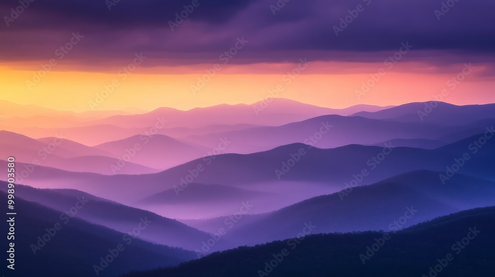 Fototapeta premium Misty Mountain Ranges at Sunset with Purple and Orange Hues