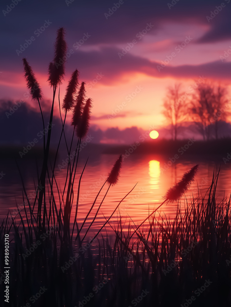 Fototapeta premium A tranquil sunset over a still lake and bulrushes, perfect for nature-themed decor or relaxation spaces. Design for Wall Art, Poster Print, Wallpaper & Background