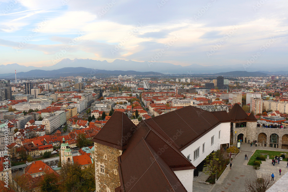Aerial view of central Ljubljana, capital of Slovenia, from Ljubljana Castle. Autumn in the picturesque city. Aerial view of central Ljubljana, capital of Slovenia, from Ljubljana Castle. Autumn in the picturesque city.
