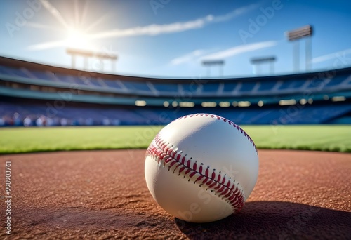 A baseball on a baseball field, with a blurred background of a stadium and blue sky photo