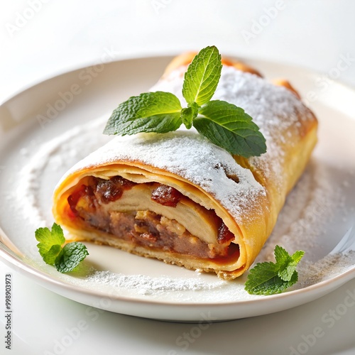 
Strudel (Austria) - thin dough roll with apple or cherry filling served in a white plate, isolated on a white background photo