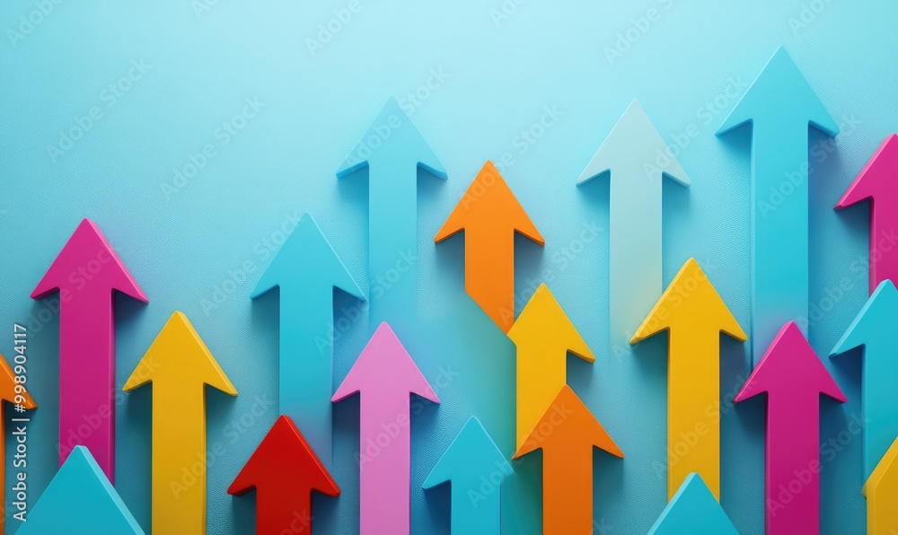 Colorful arrows pointing upwards on a blue background. Colorful arrows pointing upwards on a blue background.