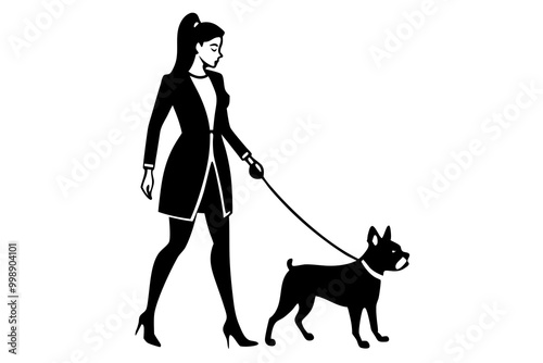 A Girl Holding a Leash Walking Her Bulldog Silhouette Vector Illustration photo