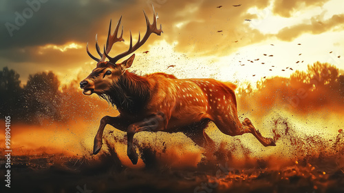 A majestic deer running through a vibrant sunset landscape, perfect for nature-inspired designs, adventure themes, or autumn celebrations. Design for Wall Art, Poster Print, Wallpaper & Background