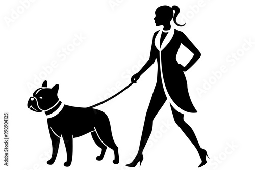 A Girl Holding a Leash Walking Her Bulldog Silhouette Vector Illustration photo