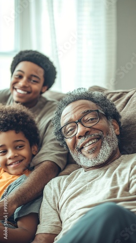 Joyful multi-generational family moment captured at home: grandfather with gray beard and glasses smiles alongside two younger family members on a cozy couch.