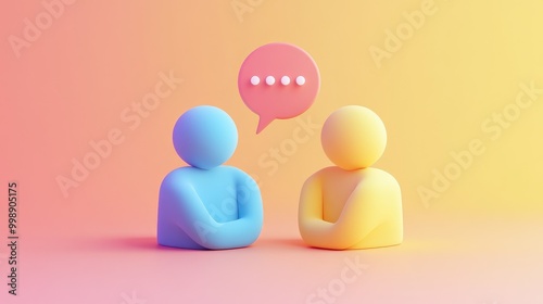 Two 3D figures, one blue and one yellow, in a conversation with a speech bubble above them.