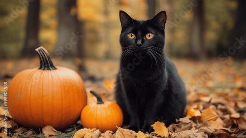 Black cat with Halloween pumpkins in an autumn woodland