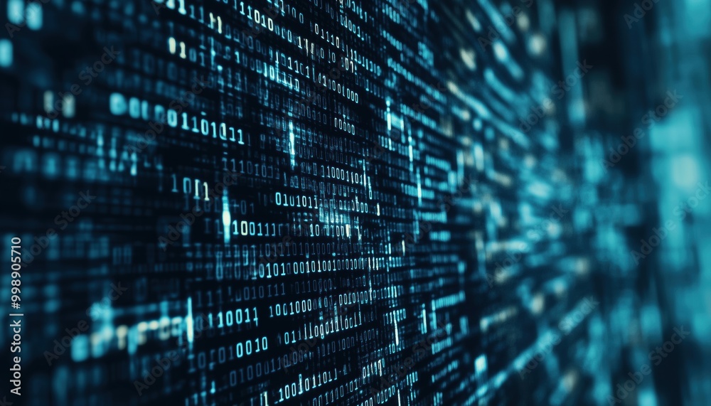 Digital Binary Code Programming Icon On Matrix Background With Stream Of Data.  Illustration For Coding Or Hacking Background.