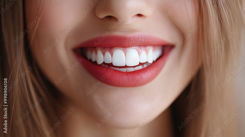 Close-up of a radiant smile showcasing perfectly aligned, bright white teeth framed by vibrant red lips, emphasizing dental health and beauty in a captivating image. Close-up of a radiant smile showcasing perfectly aligned, bright white teeth framed by vibrant red lips, emphasizing dental health and beauty in a captivating image.