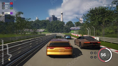 Using a speedy car in a digital computer game. Cars gaining high speed on a virtual track of a video game. Golden speedy car losing a challenge in a single player racing game. Defeat.