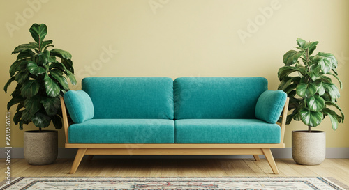 Sofa in modern interior design with green plants and decorative rug