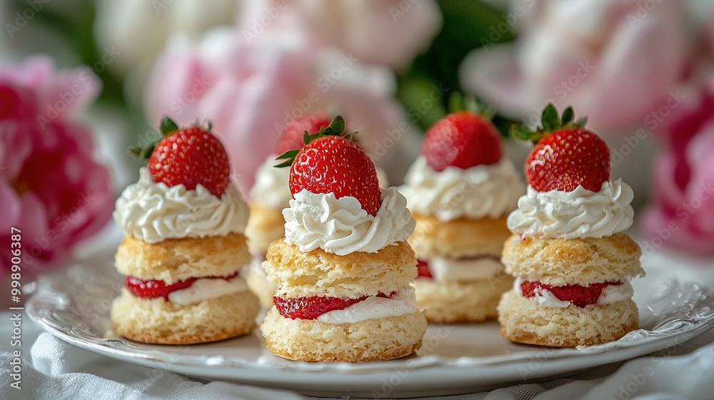 A macro shot of a platter adorned with delectable pastries, featuring fresh strawberries crowning their peaks A macro shot of a platter adorned with delectable pastries, featuring fresh strawberries crowning their peaks