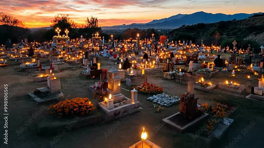 Sunset in a mexican cemetery during day of the dead celebration