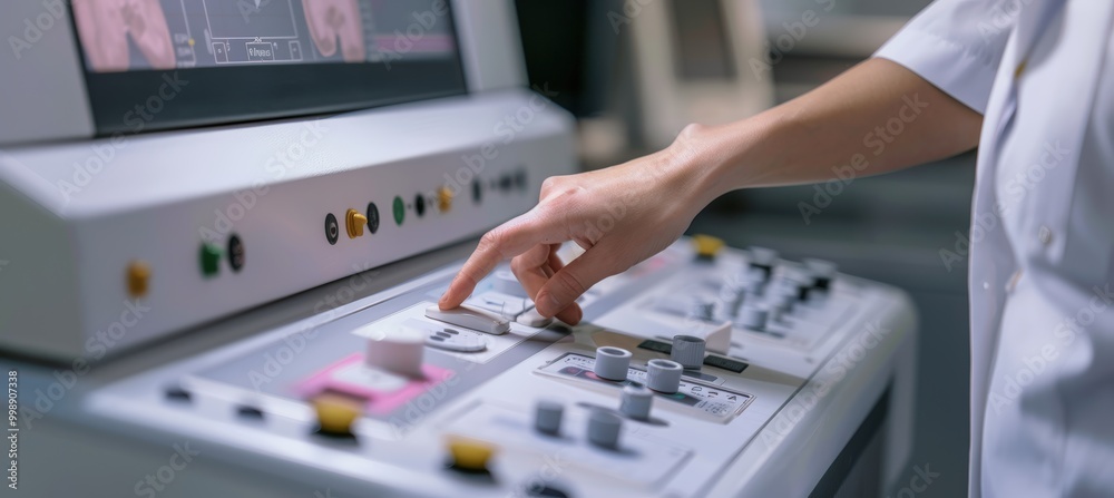 Technician Adjusting Advanced Mammogram Machine Settings for Precise Medical Imaging Scan Technician Adjusting Advanced Mammogram Machine Settings for Precise Medical Imaging Scan
