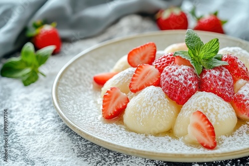 Czech dumplings varenyky with berries.Dumplings with strawberries or knedlik - generative ai photo